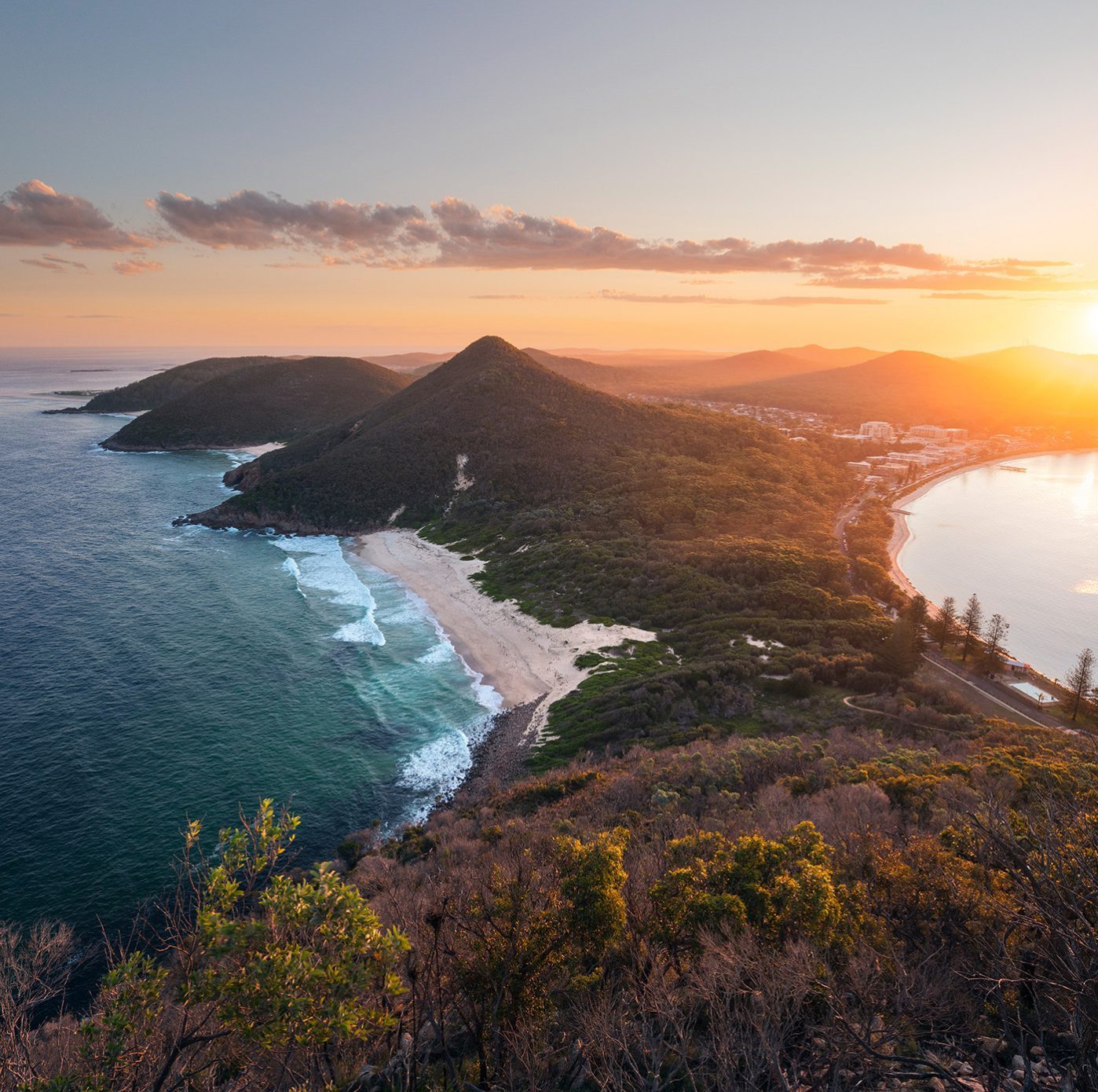 Port Stephens captured at the time of sunset from Mount Tomaree