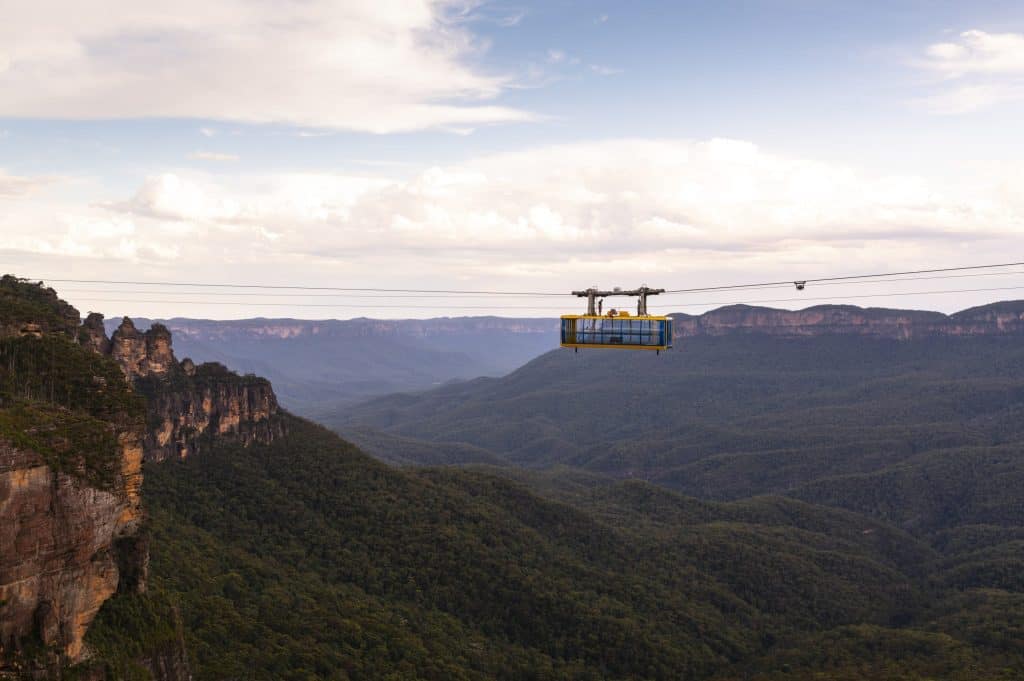 The Scenic Skyway ride in Scenic World, Blue Mountains. A cable ride between the mountains with lush greenery.