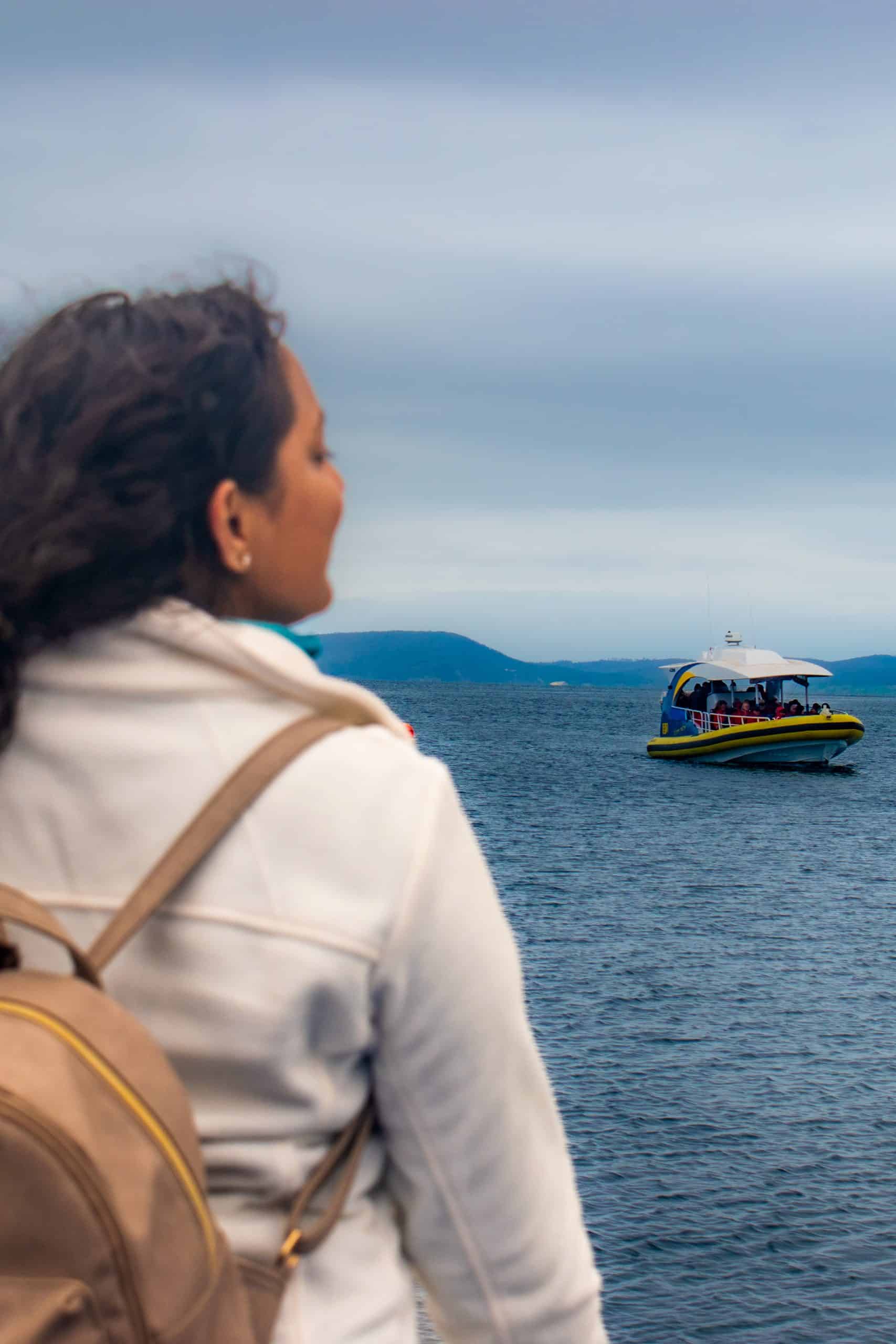 Girl looking at Robert Pennicott's iconic yellow boats