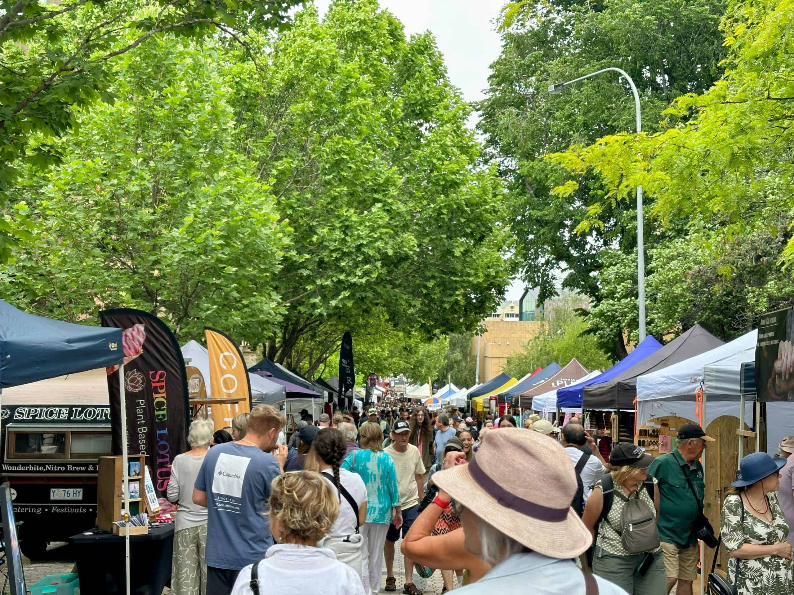 A busy market in Hobart, spending the first day of a 5-day Tasmania itinerary at the lively Salamanca Market