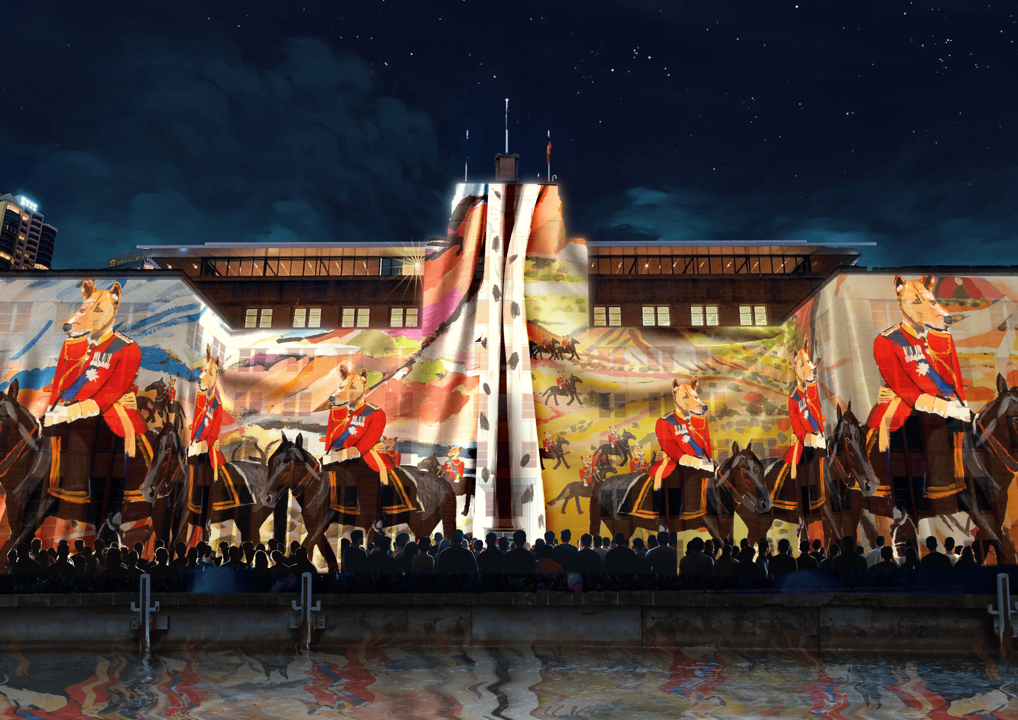  A striking illuminated artwork at Vivid Sydney, featuring a bold and artistic depiction of a dingo, glowing against the night.