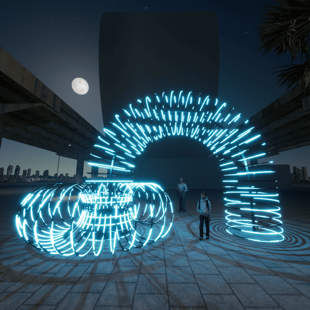 A vibrant, synchronized light display at Vivid Sydney, illuminating the city skyline with dazzling beams and colorful reflections.