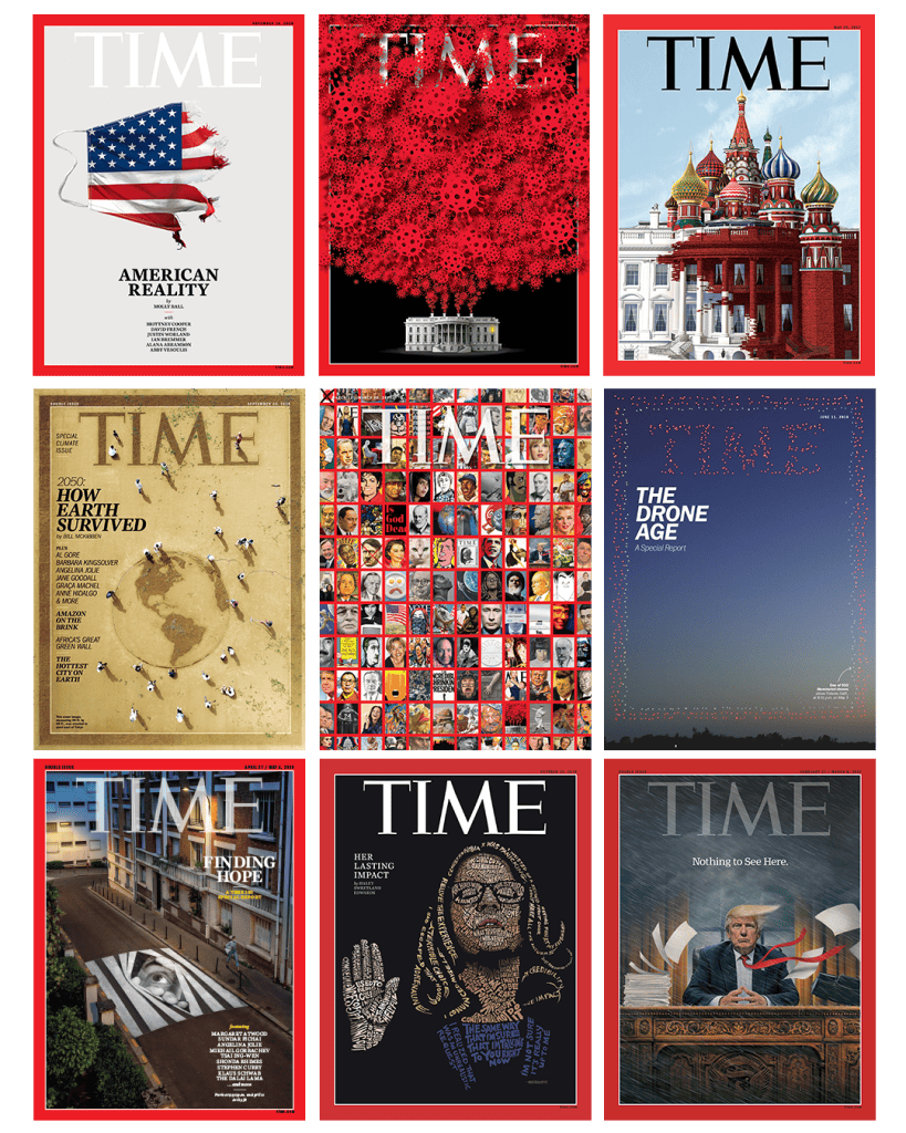  A collage of nine TIME magazine covers, each with a bold and thought-provoking design. The covers include themes like American politics, technology, climate change, and influential figures