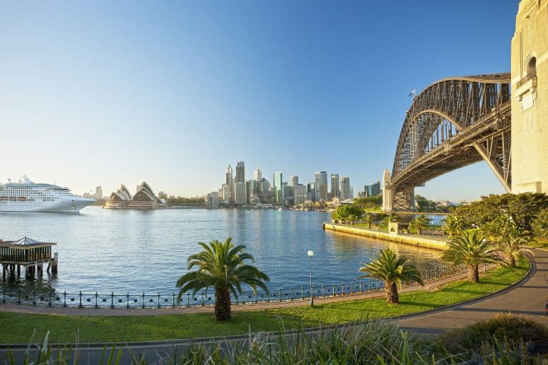 Spectacular Sydney Harbour view with Sydney Opera House, Harbour Bridge, and city skyline in clear weather.