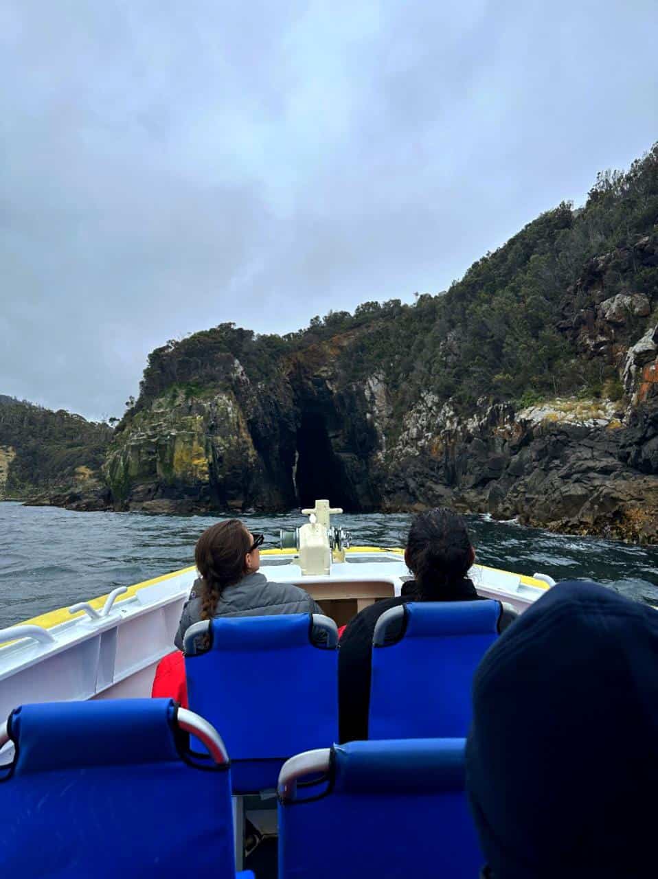 Scenic boat ride along the rugged coastline, part of the Pennicott Wilderness Bruny Island tour from Hobart.