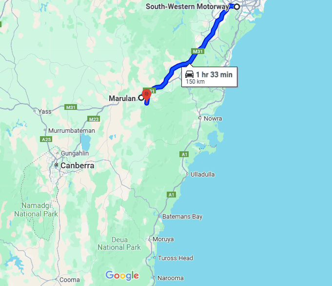 A map highlighting the route between Sydney CBD, Marulan, and Long Lookout Point.