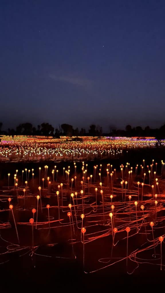 Field of Light art installation glowing at night, a magical experience among the top things to do at Uluru