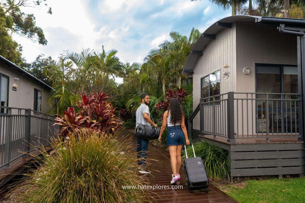 Outdoor cabin area at the Koala Sanctuary, offering nature-focused Accommodation in Port Stephens.